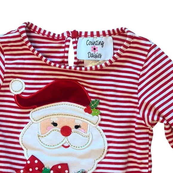 Red and White Striped Polka Dot Embroidered Santa Dress Little Girls Christmas - Picture 2 of 5